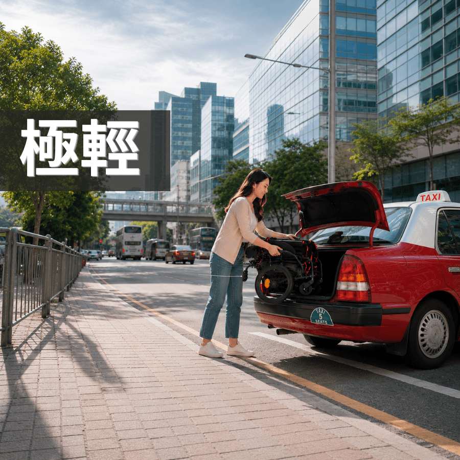 女性照顧者單手輕鬆將 Air ONE 輕量化手動輪椅放入的士車尾箱，展示鎂合金車架的極致輕盈。