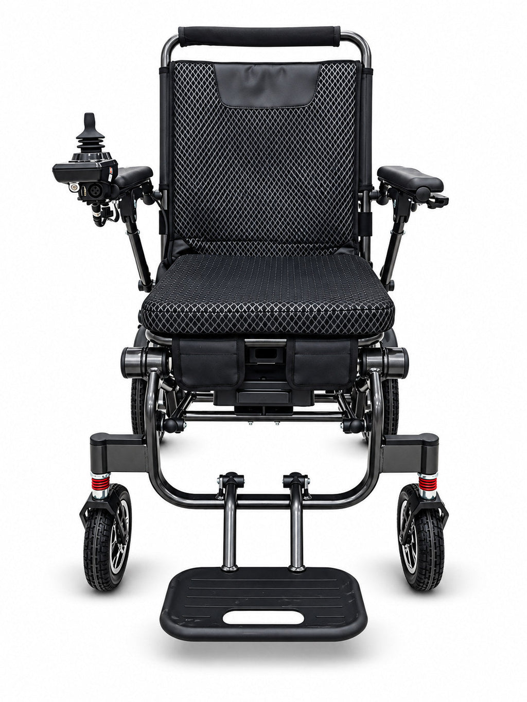 GoBuddy Model Z 電動輪椅正面，展示座椅、操控桿及展開的腳踏