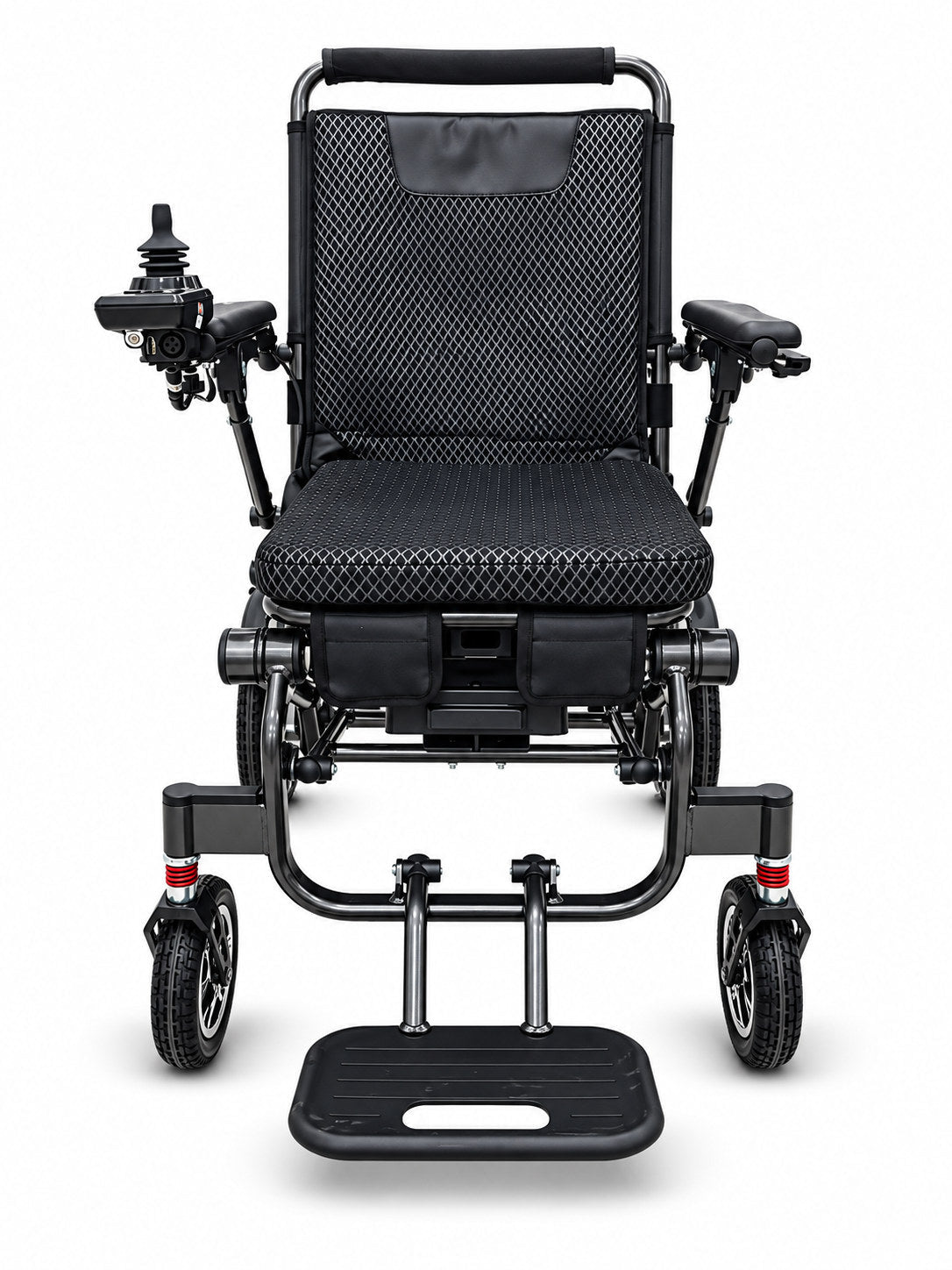 GoBuddy Model Z 電動輪椅正面，展示座椅、操控桿及展開的腳踏
