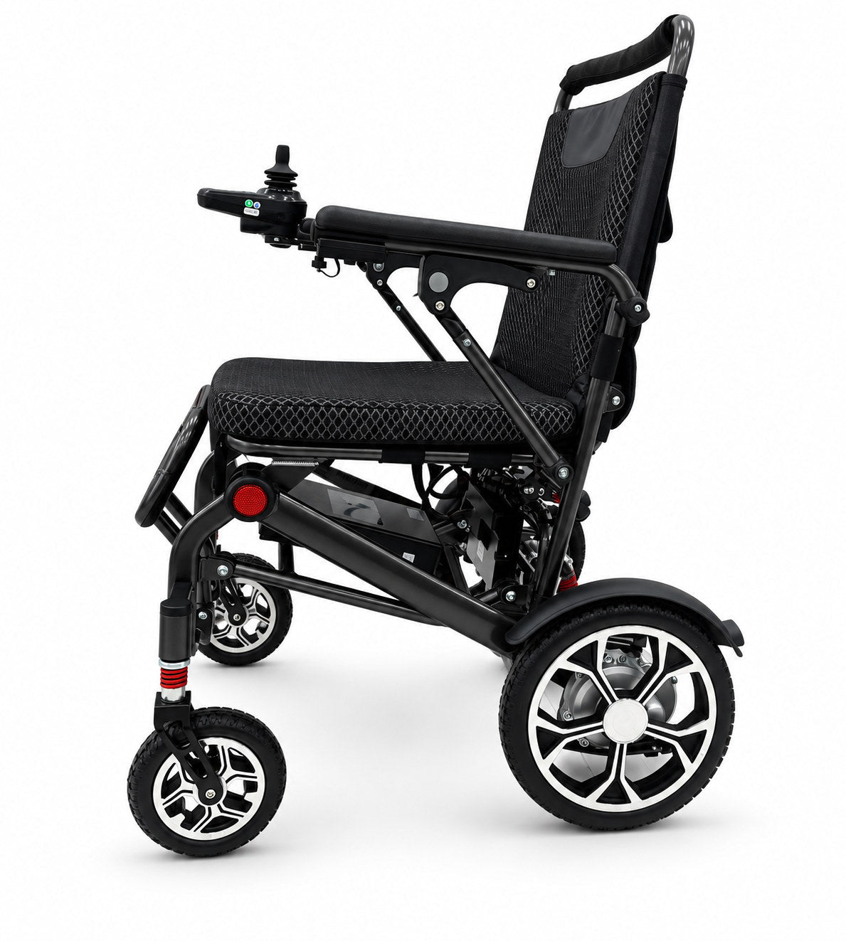 GoBuddy Model Z 電動輪椅摺疊後側面，展示車架收合狀態