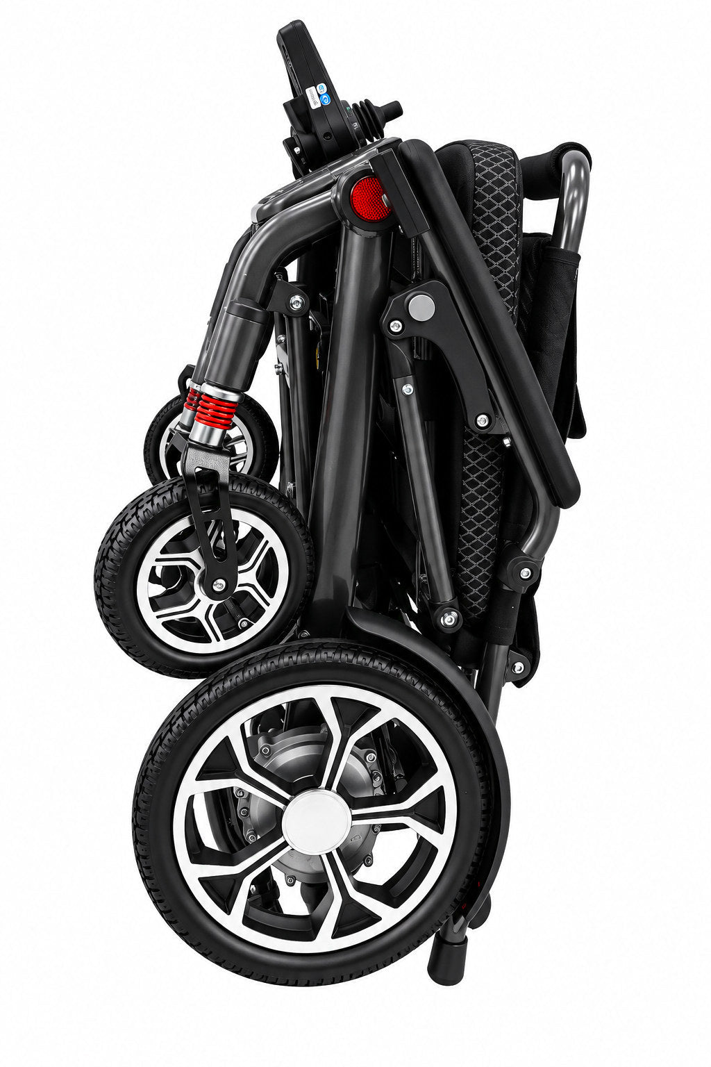 GoBuddy Model Z 電動輪椅摺疊後側面，展示車架收合狀態