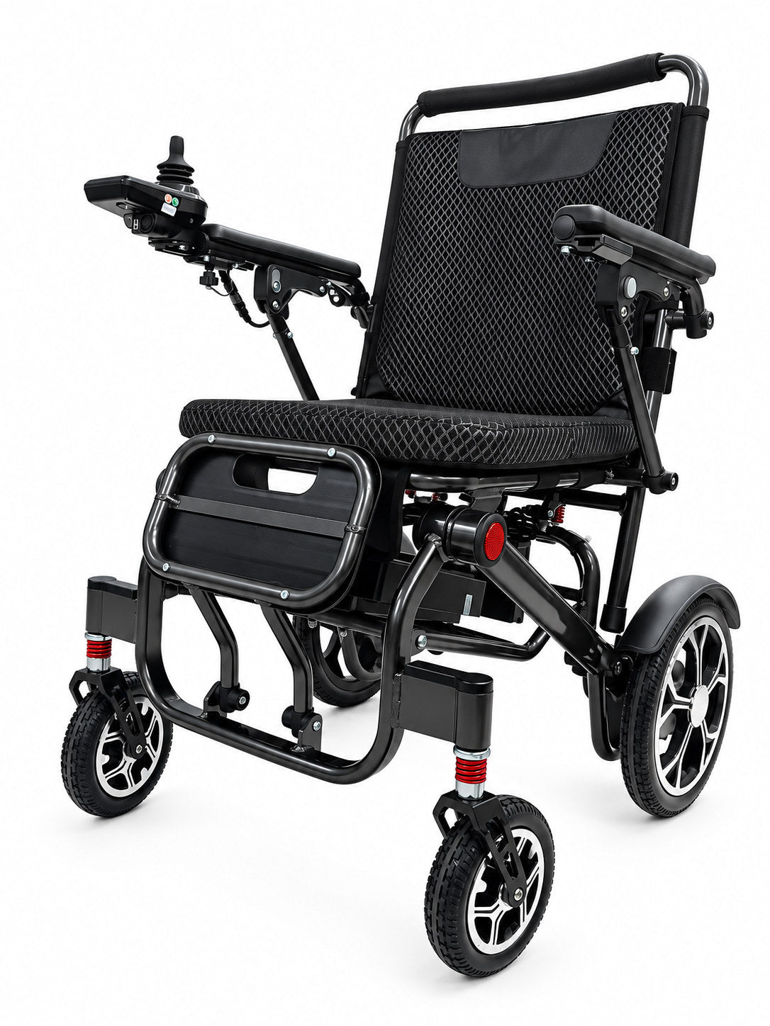 GoBuddy Model Z 電動輪椅前側外觀，展示扶手、車輪及摺起的腳踏
